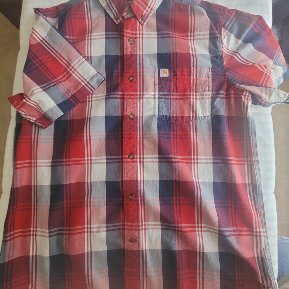 Carhartt Red White Blue Mens Plaid Short Sleeve Shirt Size L - Picture 8 of 15